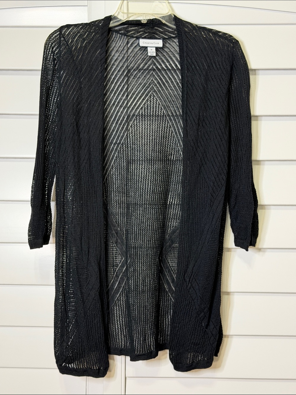 Charter Club Black Open-Front Lightweight Knit Cardigan - Sheer Pattern
